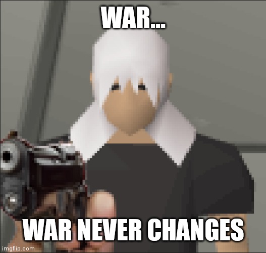 My Runescap Character With A gun lol | WAR... WAR NEVER CHANGES | image tagged in my runescap character with a gun lol | made w/ Imgflip meme maker