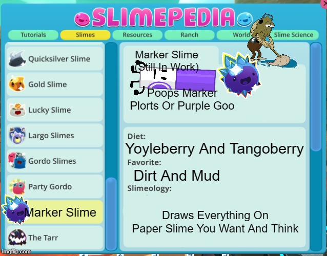 slimepedia  entry | Marker Slime (Still In Work); Poops Marker Plorts Or Purple Goo; Yoyleberry And Tangoberry; Dirt And Mud; Draws Everything On Paper Slime You Want And Think; Marker Slime | image tagged in slimepedia entry,slime,rancher,slime rancher,bfb,bfdi | made w/ Imgflip meme maker