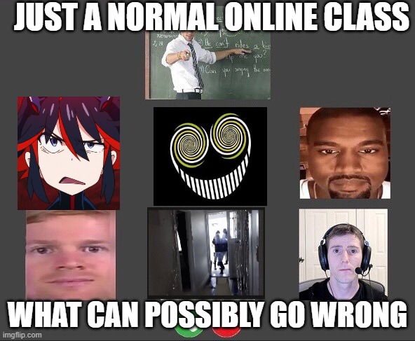 Online class | JUST A NORMAL ONLINE CLASS; WHAT CAN POSSIBLY GO WRONG | image tagged in online class | made w/ Imgflip meme maker