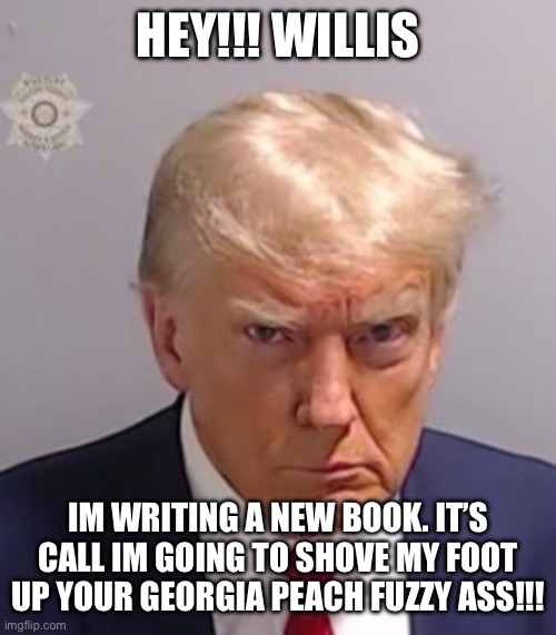 Donald Trump Mugshot | HEY!!! WILLIS; IM WRITING A NEW BOOK. IT’S CALL IM GOING TO SHOVE MY FOOT UP YOUR GEORGIA PEACH FUZZY ASS!!! | image tagged in donald trump mugshot | made w/ Imgflip meme maker