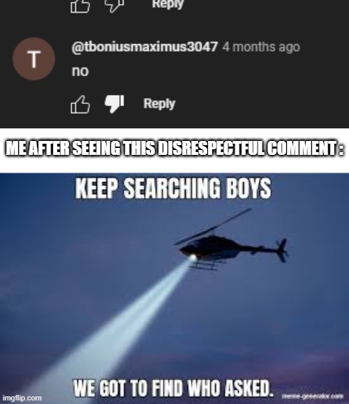 r/IdioticCommentsInHistory | ME AFTER SEEING THIS DISRESPECTFUL COMMENT : | image tagged in keep searching boys we gotta find | made w/ Imgflip meme maker