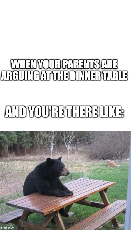WHEN YOUR PARENTS ARE ARGUING AT THE DINNER TABLE; AND YOU'RE THERE LIKE: | image tagged in memes,blank transparent square,patient bear | made w/ Imgflip meme maker
