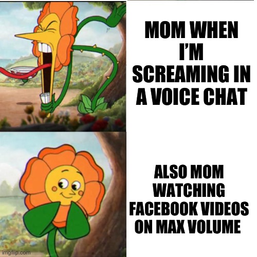 Loud is family | MOM WHEN I’M SCREAMING IN A VOICE CHAT; ALSO MOM WATCHING FACEBOOK VIDEOS ON MAX VOLUME | image tagged in cuphead flower | made w/ Imgflip meme maker