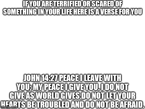 Sorry the text is in all caps | IF YOU ARE TERRIFIED OR SCARED OF SOMETHING IN YOUR LIFE HERE IS A VERSE FOR YOU; JOHN 14:27 PEACE I LEAVE WITH YOU; MY PEACE I GIVE YOU. I DO NOT GIVE AS WORLD GIVES.DO NOT LET YOUR HEARTS BE TROUBLED AND DO NOT BE AFRAID. | image tagged in lol,christian | made w/ Imgflip meme maker