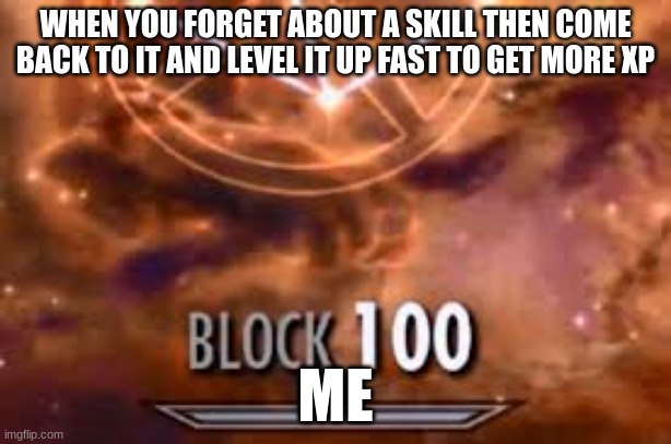 right | WHEN YOU FORGET ABOUT A SKILL THEN COME BACK TO IT AND LEVEL IT UP FAST TO GET MORE XP; ME | image tagged in skyrim block 100 | made w/ Imgflip meme maker