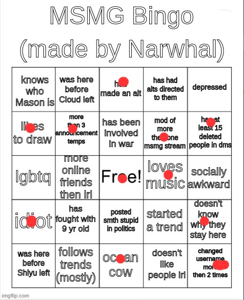 K CAN SOMEONE HAVE BULLSHIT ON ME FOR A BINGO | image tagged in msmg bingo | made w/ Imgflip meme maker