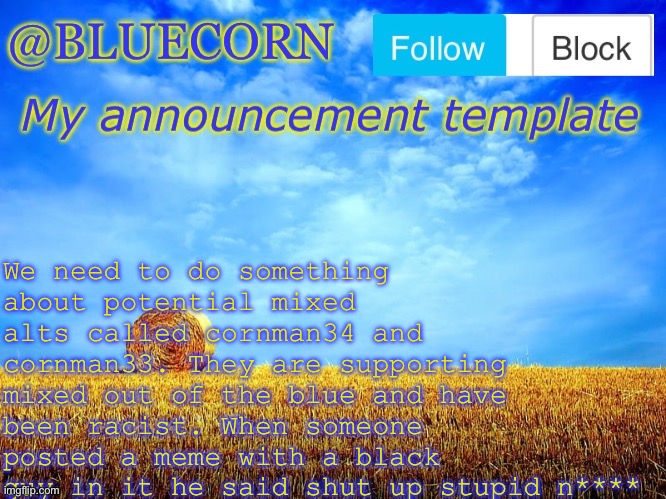 We need to do something about potential mixed alts called cornman34 and cornman33. They are supporting mixed out of the blue and have been racist. When someone posted a meme with a black guy in it he said shut up stupid n**** | image tagged in bluecornfield | made w/ Imgflip meme maker