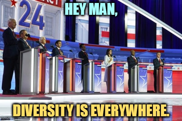 Diversity is never going away. | HEY MAN, DIVERSITY IS EVERYWHERE. | image tagged in diversity,republican,presidential candidates | made w/ Imgflip meme maker