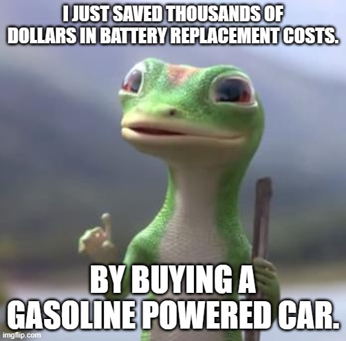 Geico Gecko | I JUST SAVED THOUSANDS OF DOLLARS IN BATTERY REPLACEMENT COSTS. BY BUYING A GASOLINE POWERED CAR. | image tagged in geico gecko | made w/ Imgflip meme maker