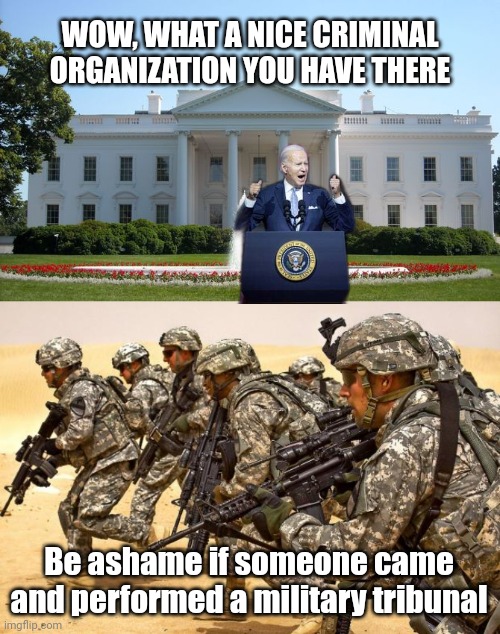 WOW, WHAT A NICE CRIMINAL ORGANIZATION YOU HAVE THERE; Be ashame if someone came and performed a military tribunal | image tagged in white house,military | made w/ Imgflip meme maker