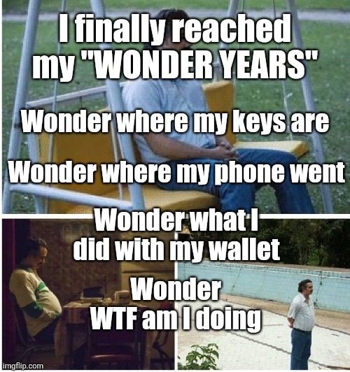 Wonder | I finally reached my "WONDER YEARS"; Wonder where my keys are; Wonder where my phone went; Wonder what I did with my wallet; Wonder WTF am I doing | image tagged in funny | made w/ Imgflip meme maker