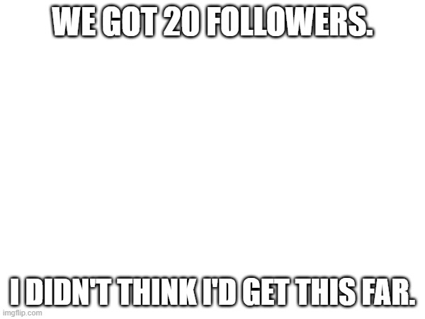 WE GOT 20 FOLLOWERS. I DIDN'T THINK I'D GET THIS FAR. | made w/ Imgflip meme maker