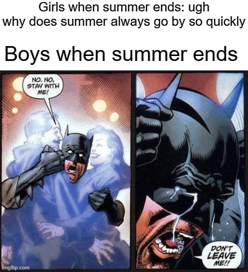 REAL | Girls when summer ends: ugh why does summer always go by so quickly; Boys when summer ends | image tagged in batman don't leave me,back to school,memes,relatable | made w/ Imgflip meme maker