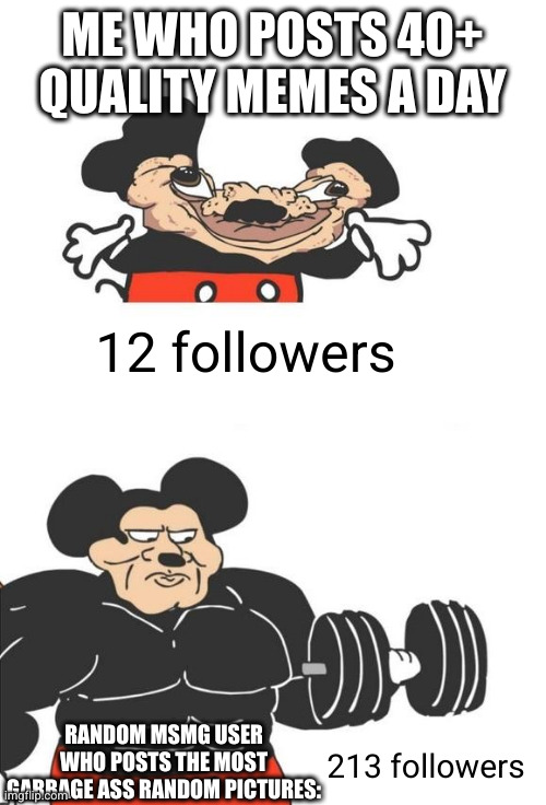 this stream bruh .. | ME WHO POSTS 40+ QUALITY MEMES A DAY; 12 followers; RANDOM MSMG USER WHO POSTS THE MOST GARBAGE ASS RANDOM PICTURES:; 213 followers | image tagged in buff mickey mouse,msmg,memes,so true,stupid,followers | made w/ Imgflip meme maker