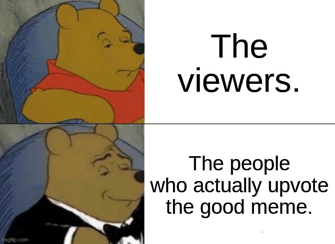 There are very few up-voters for the good ones. | The viewers. The people who actually upvote the good meme. | image tagged in memes,tuxedo winnie the pooh,upvotes,views | made w/ Imgflip meme maker