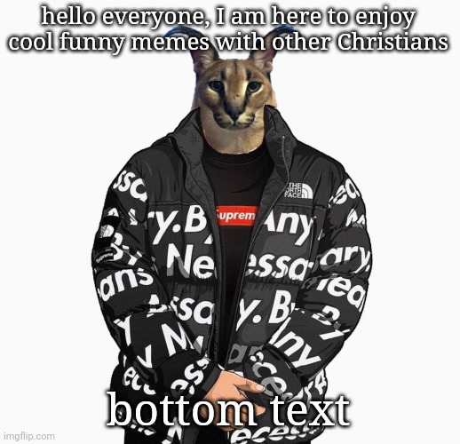 Image Title | hello everyone, I am here to enjoy cool funny memes with other Christians; bottom text | image tagged in floppa drip | made w/ Imgflip meme maker