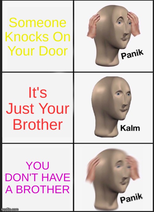 Panik Kalm Panik | Someone Knocks On Your Door; It's Just Your Brother; YOU DON'T HAVE A BROTHER | image tagged in memes,panik kalm panik | made w/ Imgflip meme maker