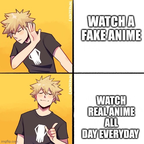 Slay | WATCH A FAKE ANIME; WATCH REAL ANIME ALL DAY EVERYDAY | image tagged in bakugo | made w/ Imgflip meme maker