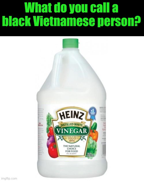 vinegar | What do you call a black Vietnamese person? | image tagged in vinegar | made w/ Imgflip meme maker