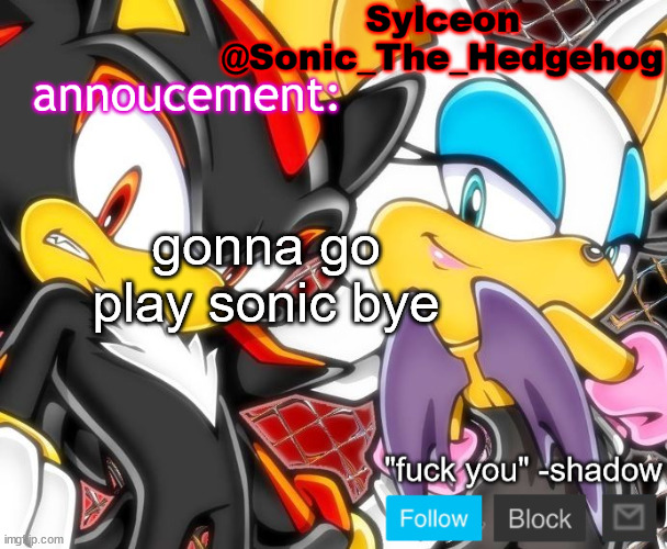 shadow and rouge temp | gonna go play sonic bye | image tagged in shadow and rouge temp | made w/ Imgflip meme maker