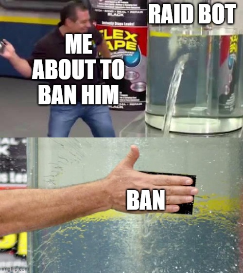 Flex Tape | RAID BOT; ME ABOUT TO BAN HIM; BAN | image tagged in flex tape | made w/ Imgflip meme maker