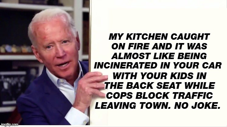 Empathizer in Chief | MY KITCHEN CAUGHT ON FIRE AND IT WAS ALMOST LIKE BEING INCINERATED IN YOUR CAR; WITH YOUR KIDS IN THE BACK SEAT WHILE COPS BLOCK TRAFFIC LEAVING TOWN. NO JOKE. | image tagged in joe biden board,maui,fire | made w/ Imgflip meme maker