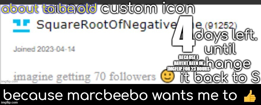 4 | 4; BECAUSE I HAVENT BEEN IN IMGFLIP FOR 23 HOURS | made w/ Imgflip meme maker