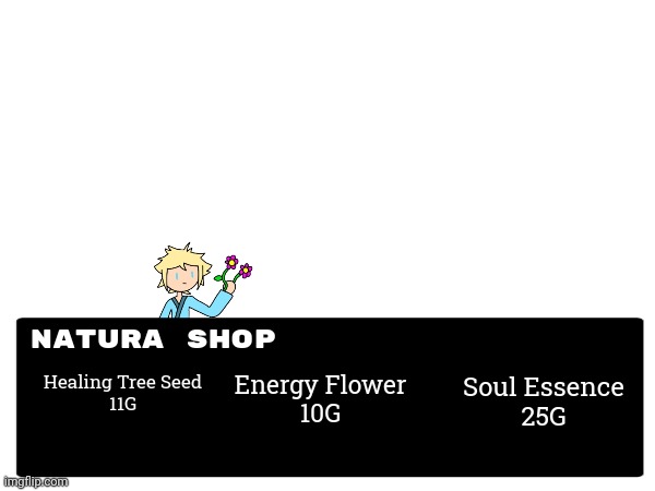Natura Shop; Energy Flower
10G; Healing Tree Seed
11G; Soul Essence
25G | made w/ Imgflip meme maker