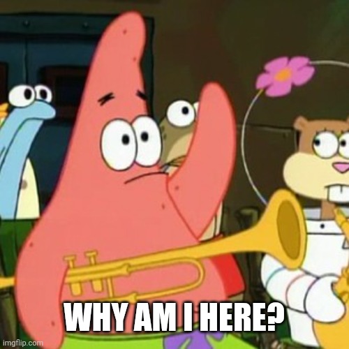 Why am I here? | WHY AM I HERE? | image tagged in memes,no patrick | made w/ Imgflip meme maker