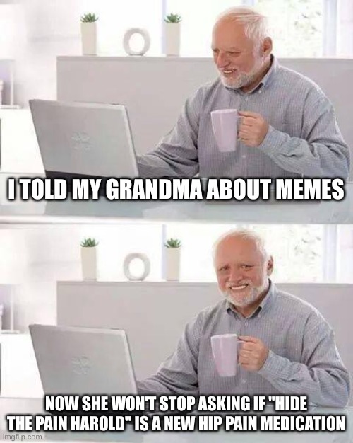 Hide the Pain Harold Meme | I TOLD MY GRANDMA ABOUT MEMES; NOW SHE WON'T STOP ASKING IF "HIDE THE PAIN HAROLD" IS A NEW HIP PAIN MEDICATION | image tagged in memes,hide the pain harold | made w/ Imgflip meme maker