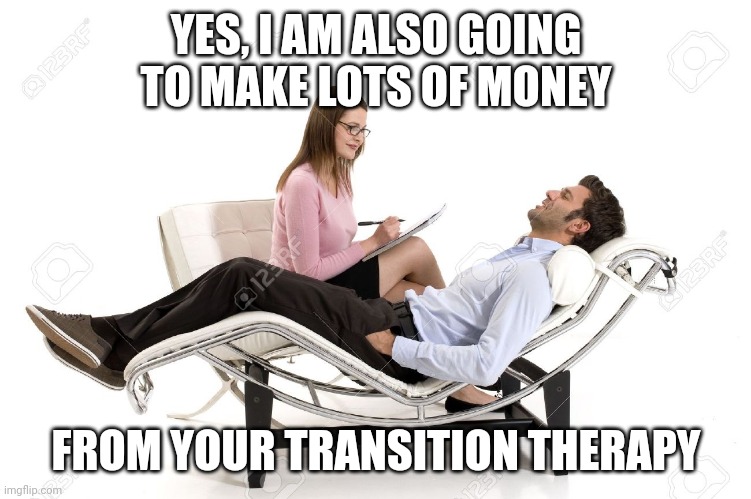 Therapist | YES, I AM ALSO GOING TO MAKE LOTS OF MONEY FROM YOUR TRANSITION THERAPY | image tagged in therapist | made w/ Imgflip meme maker