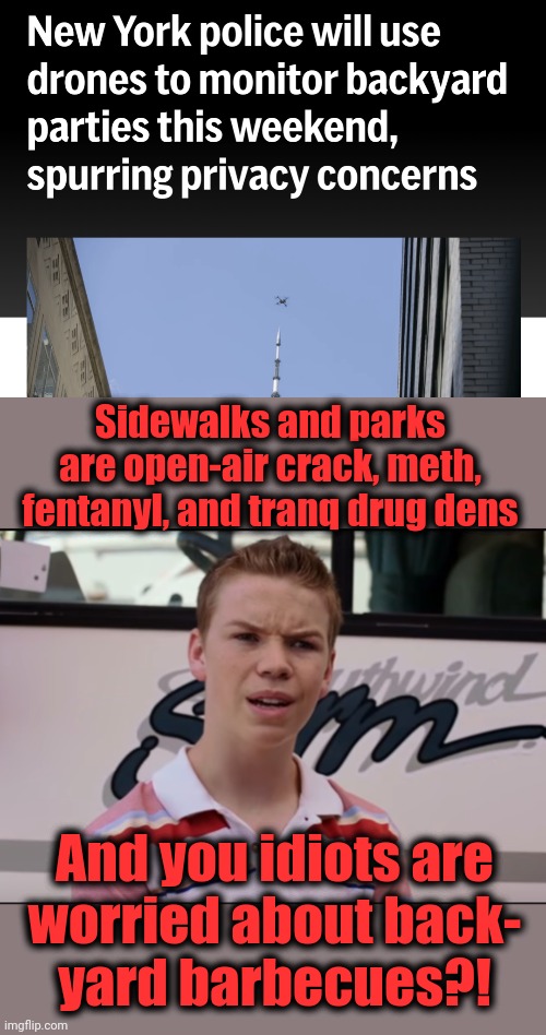 The tyranny of selective law enforcement and incompetence | Sidewalks and parks are open-air crack, meth, fentanyl, and tranq drug dens; And you idiots are
worried about back-
yard barbecues?! | image tagged in you guys are getting paid,new york city,drones,barbecue,democrats,nypd | made w/ Imgflip meme maker