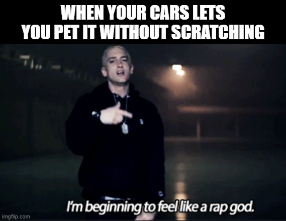 rap god eminem | WHEN YOUR CARS LETS YOU PET IT WITHOUT SCRATCHING | image tagged in rap god eminem | made w/ Imgflip meme maker