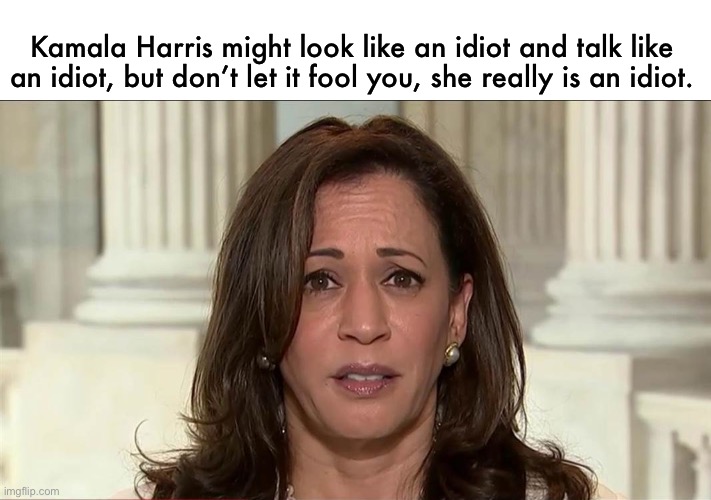 Facts | Kamala Harris might look like an idiot and talk like an idiot, but don’t let it fool you, she really is an idiot. | image tagged in kamala harris,funny,meme,idiot,quote | made w/ Imgflip meme maker