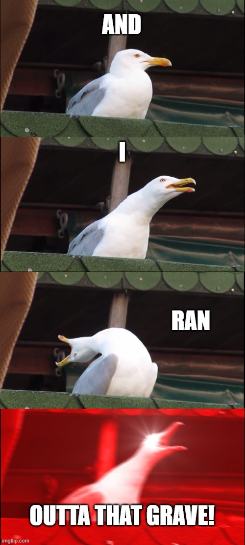 Inhaling Seagull Meme | AND I RAN OUTTA THAT GRAVE! | image tagged in memes,inhaling seagull | made w/ Imgflip meme maker