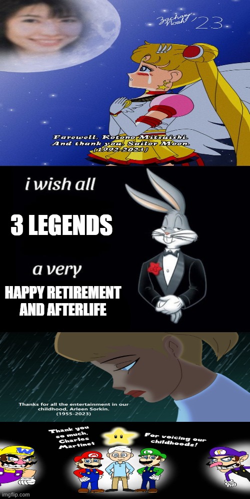 a very super tribute from bugs bunny | 3 LEGENDS; HAPPY RETIREMENT AND AFTERLIFE | image tagged in bugs bunny i wish all empty template,tribute,harley quinn,mario,sailor moon,dc comics | made w/ Imgflip meme maker