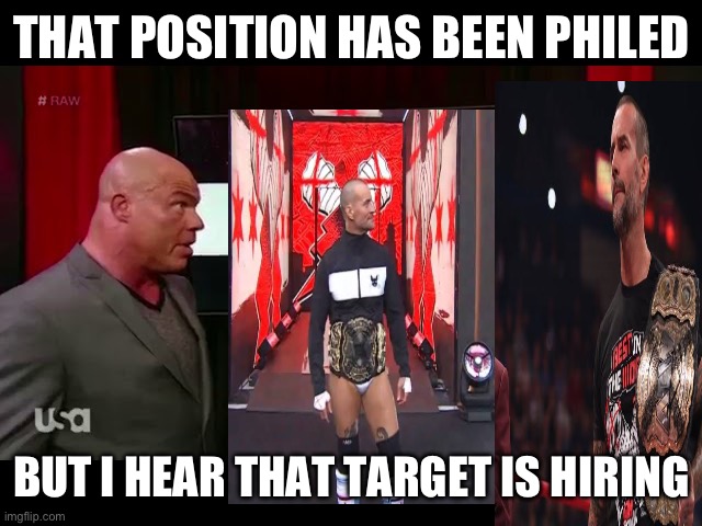 bye bye. | THAT POSITION HAS BEEN PHILED; BUT I HEAR THAT TARGET IS HIRING | image tagged in punk,aew,target | made w/ Imgflip meme maker