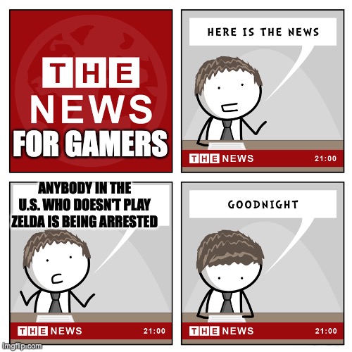 The Gaming News | FOR GAMERS; ANYBODY IN THE U.S. WHO DOESN'T PLAY ZELDA IS BEING ARRESTED | image tagged in the news,gamers,arrested | made w/ Imgflip meme maker