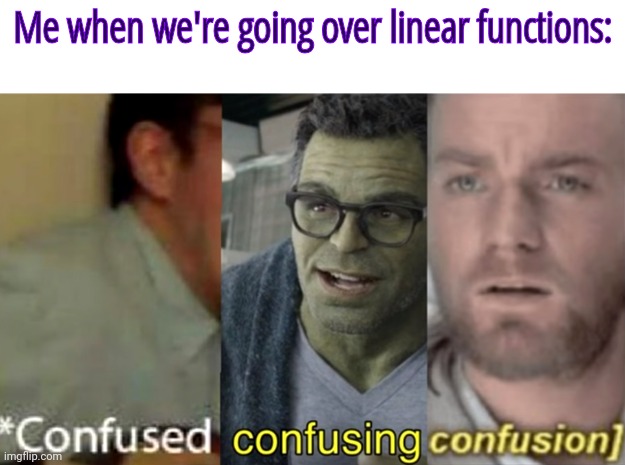 None of it makes sense (╯ ͠° ͟ʖ ͡°)╯┻━┻ | Me when we're going over linear functions: | image tagged in confused confusing confusion,math,algebra | made w/ Imgflip meme maker