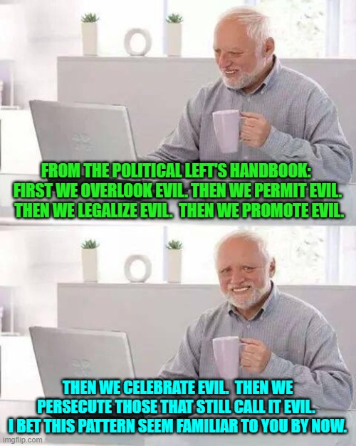 Evil succeeds due to an ignorant and self-indulgent population.  Also know as Dem Party voters. | FROM THE POLITICAL LEFT'S HANDBOOK:  FIRST WE OVERLOOK EVIL. THEN WE PERMIT EVIL.  THEN WE LEGALIZE EVIL.  THEN WE PROMOTE EVIL. THEN WE CELEBRATE EVIL.  THEN WE PERSECUTE THOSE THAT STILL CALL IT EVIL.  I BET THIS PATTERN SEEM FAMILIAR TO YOU BY NOW. | image tagged in hide the pain harold | made w/ Imgflip meme maker