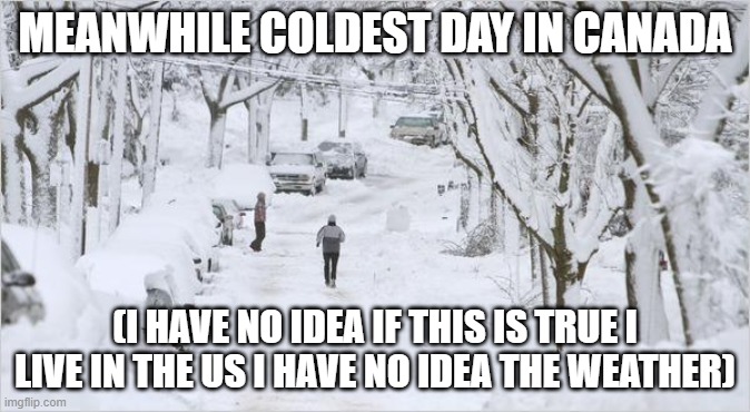 lol | MEANWHILE COLDEST DAY IN CANADA; (I HAVE NO IDEA IF THIS IS TRUE I LIVE IN THE US I HAVE NO IDEA THE WEATHER) | image tagged in blizzard | made w/ Imgflip meme maker