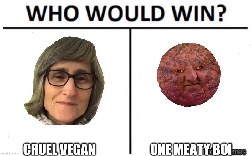 who would win | CRUEL VEGAN; ONE MEATY BOI | image tagged in who would win | made w/ Imgflip meme maker