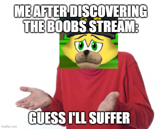 Old Man Shrugging | ME AFTER DISCOVERING THE BOOBS STREAM:; GUESS I'LL SUFFER | image tagged in old man shrugging | made w/ Imgflip meme maker