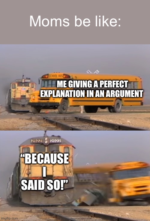 They always say this | Moms be like:; ME GIVING A PERFECT EXPLANATION IN AN ARGUMENT; “BECAUSE I SAID SO!” | image tagged in a train hitting a school bus | made w/ Imgflip meme maker