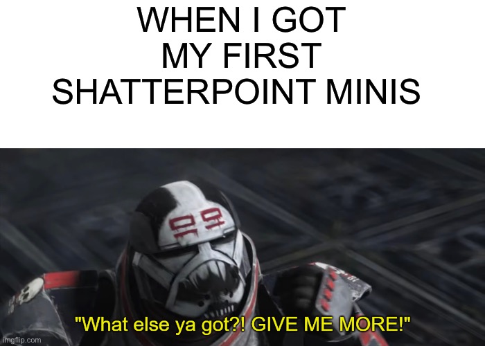 What else ya got?! GIVE ME MORE! | WHEN I GOT MY FIRST SHATTERPOINT MINIS | image tagged in what else ya got give me more | made w/ Imgflip meme maker