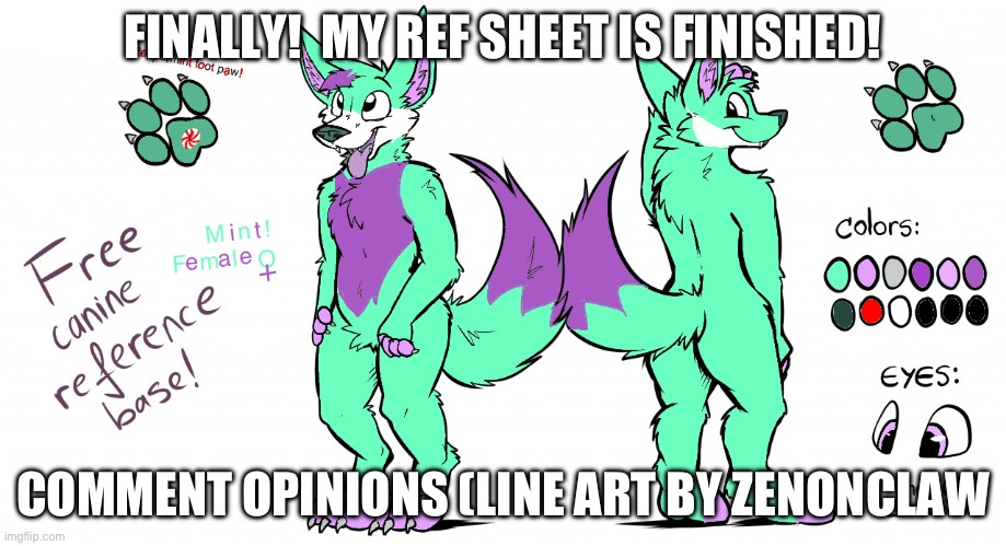 Mint, the folf, is finished! | FINALLY!  MY REF SHEET IS FINISHED! COMMENT OPINIONS (LINE ART BY ZENONCLAW | image tagged in furry,art | made w/ Imgflip meme maker