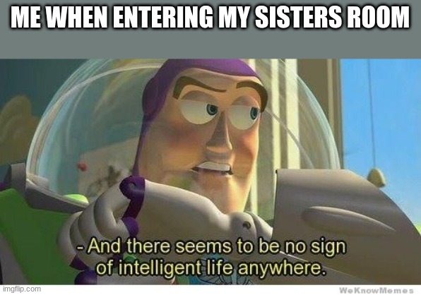im surprised i survived this long without getting sucker punched here | ME WHEN ENTERING MY SISTERS ROOM | image tagged in buzz lightyear no intelligent life,sister,sad but true | made w/ Imgflip meme maker