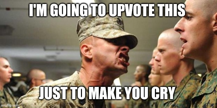 drill sargent | I'M GOING TO UPVOTE THIS JUST TO MAKE YOU CRY | image tagged in drill sargent | made w/ Imgflip meme maker