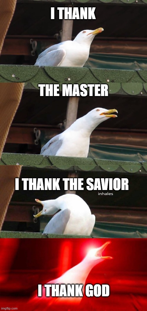 inhaling seagull 4 red | I THANK THE MASTER I THANK THE SAVIOR I THANK GOD | image tagged in inhaling seagull 4 red | made w/ Imgflip meme maker