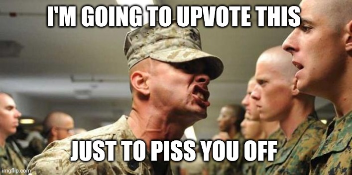 drill sargent | I'M GOING TO UPVOTE THIS JUST TO PISS YOU OFF | image tagged in drill sargent | made w/ Imgflip meme maker